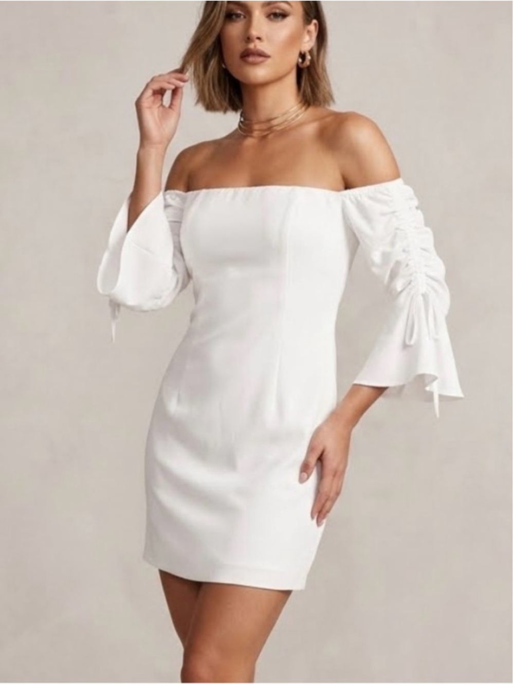 Marciano White Off The Shoulder Long Sleeve Bodycon Mini Dress bell sleeve 1894